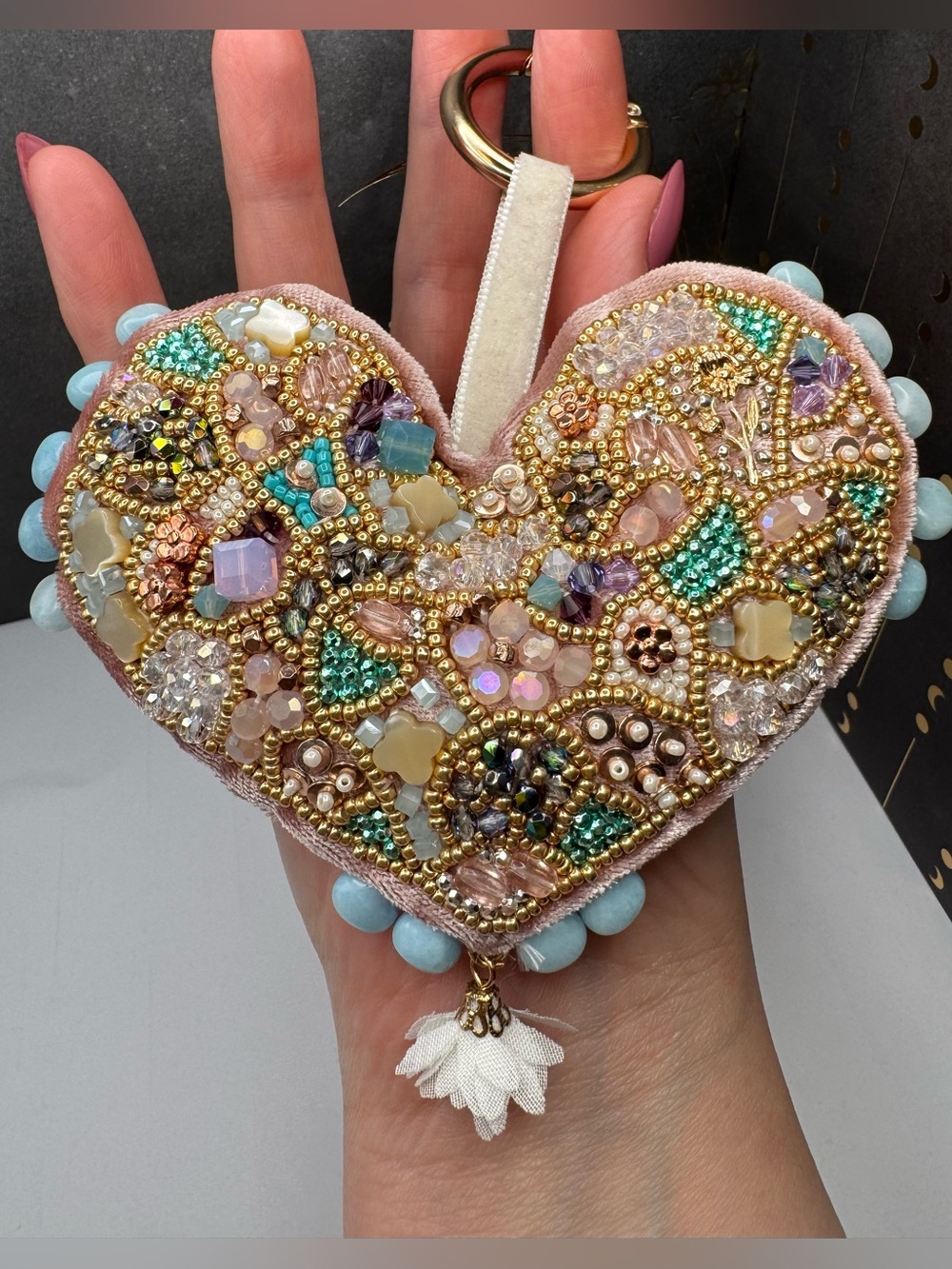 Handcrafted Beaded Heart Ornament or Keychain - Pink Multicolor